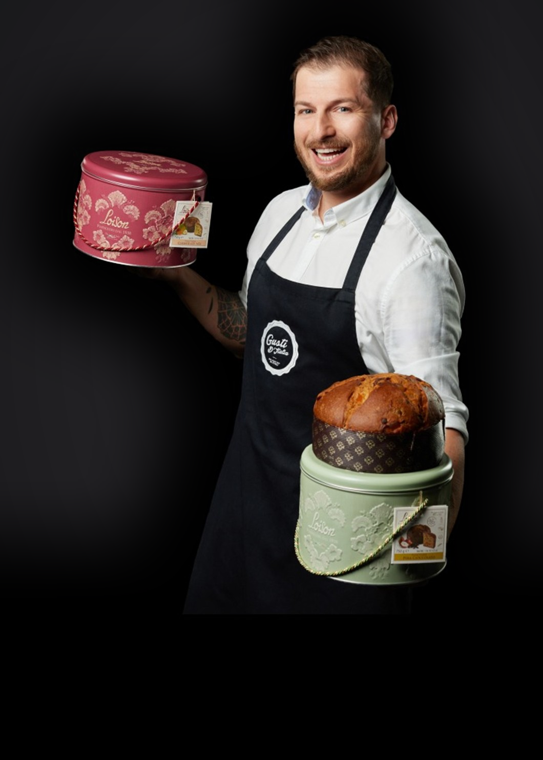 Gospodarz Gusti z puszkami Loison i panettone